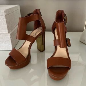 Jessica Simpson cognac platform heels with gold detail